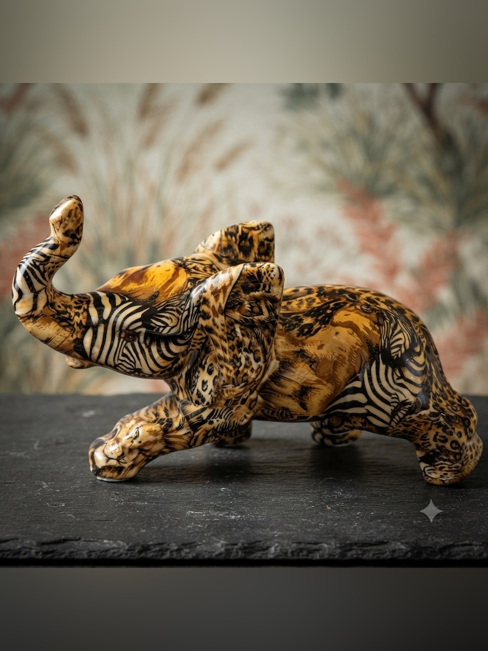 Safari Pattern Elephant Trunk Up Patchwork Figurine 6” x 11"
